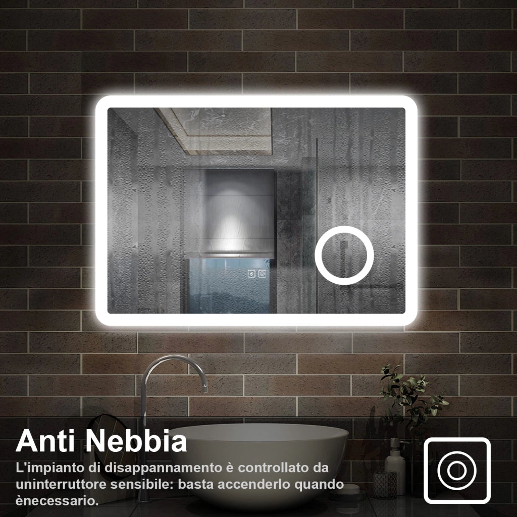 specchio rettangolare 80x60 cm con luce dimmerabile a 3 colori, bluetooth, antiappannamento e ingranditore 3x