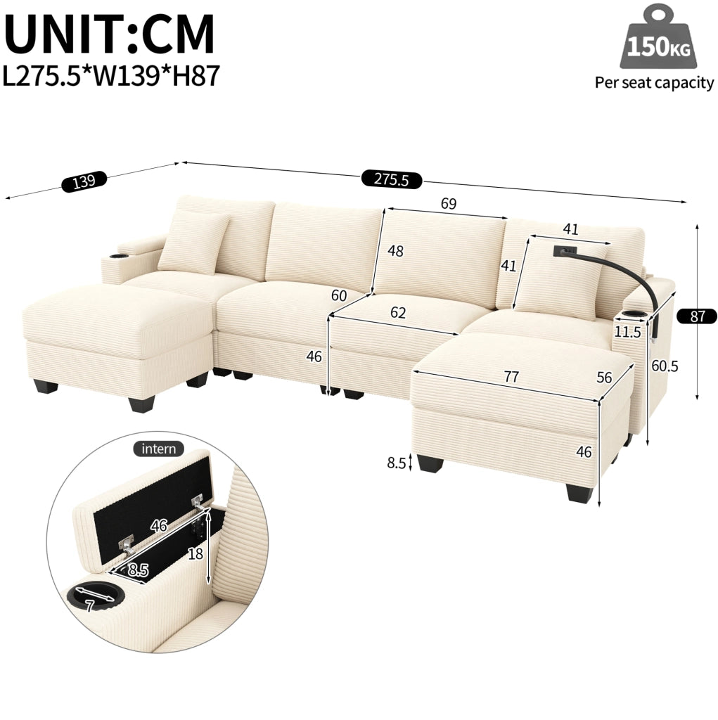 Divano modulare trasformabile a U con USB e USB-C in velluto a coste beige; 275;5×139×87 cm