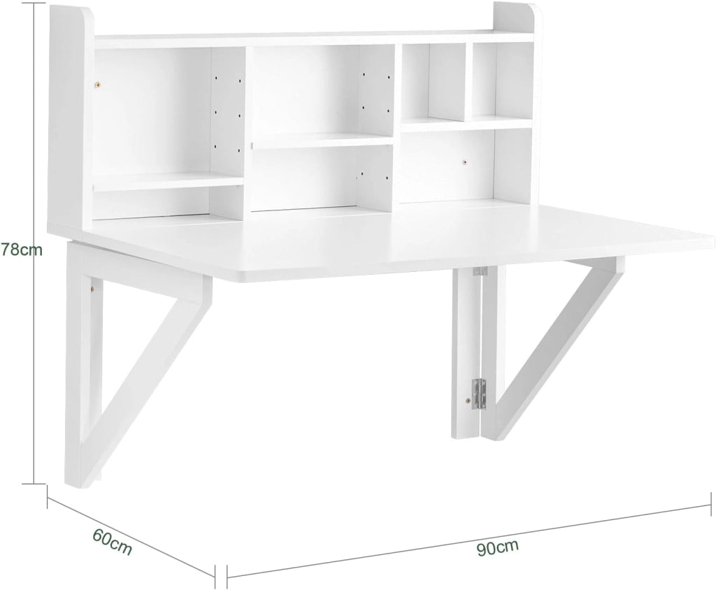 tavolo pieghevole da parete con mensola salvaspazio per cucina piccola e studio, consolle da pranzo a scomparsa bianca 90x60 cm, dimensioni ca. 90x78x60 cm FWT07-II-W
