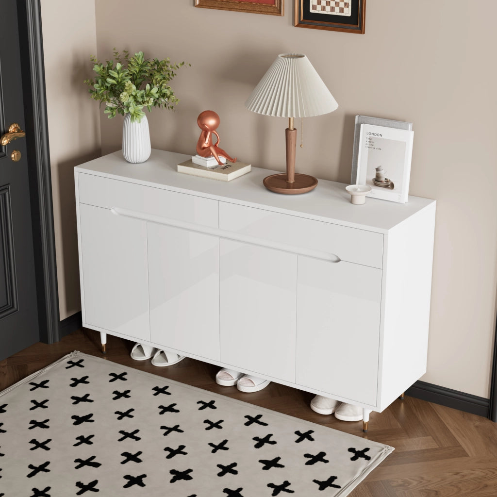 Mobile Scarpiera con 2 Ante e 2 Cassetti; Ripiani Regolabili; Piedini Dorati; Stile Moderno; in Pannello Truciolare; Bianco; 140??39??84 cm