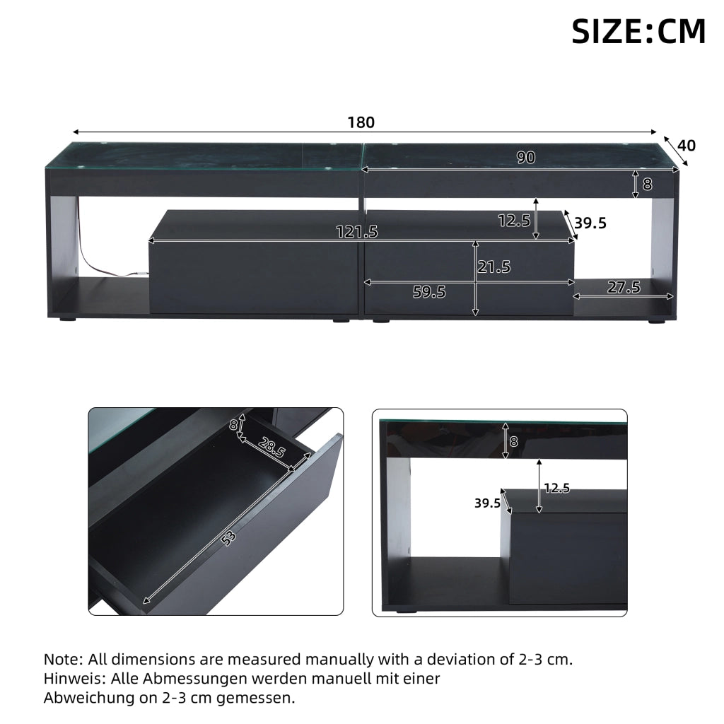 Mobile TV con 2 cassetti e illuminazione LED - per soggiorno - 180x40x46 cm - nero