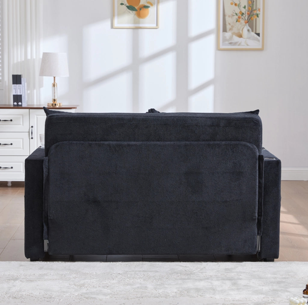 Divano letto 139x83x58 cm in ciniglia nera con USB e portabicchieri