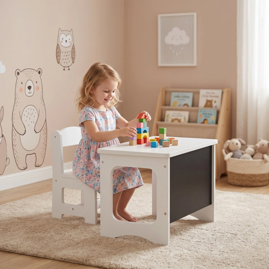 Set Tavolo e Sedia per Bambini 3-6 Anni con Piano Reversibile in Legno Bianco