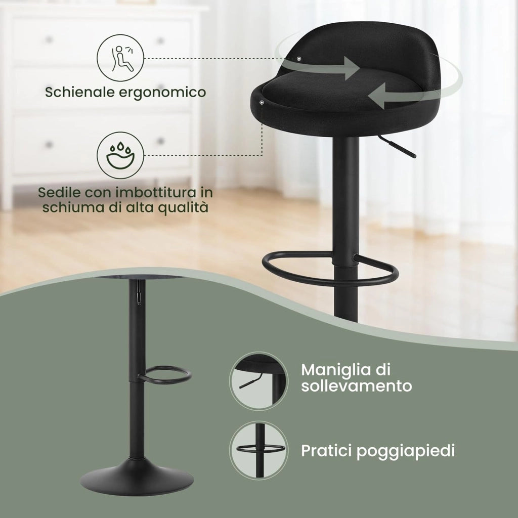Sgabelli da Cucina in Velluto con Poggiapiedi Sgabelli da Bar Moderni per Bancone Penisola Sedie Alte Girevoli Altezza Seduta Regolabile 62-84cm, Nero 2 Pezzi 0824BY-2