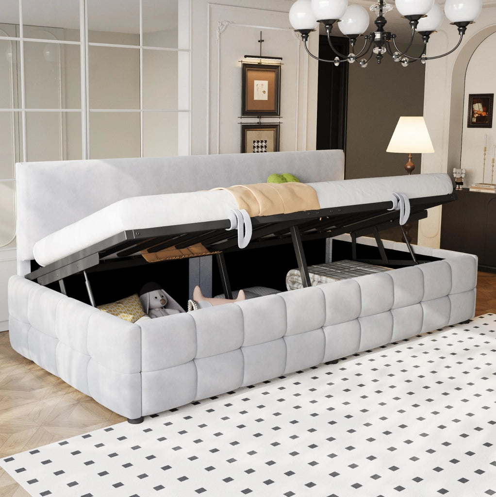 Letto singolo imbottito 90x200 cm con vano contenitore, grigio chiaro