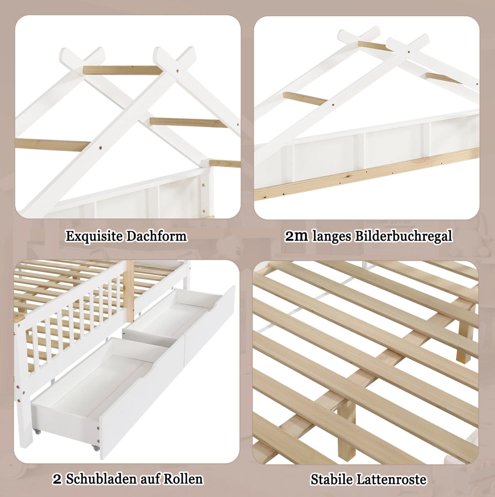 Letto per bambini 140x200 cm con tetto e 2 cassetti