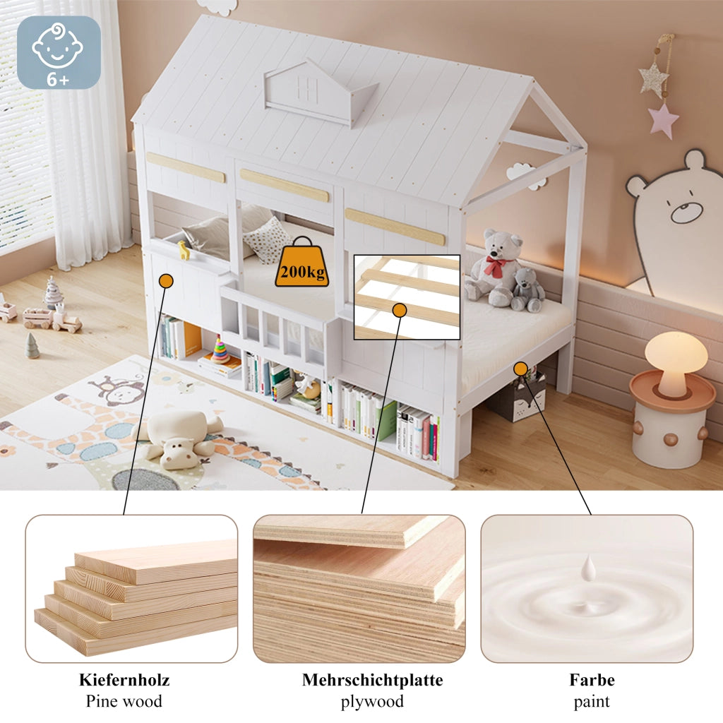 Letto a soppalco per bambini 90 × 200 cm con libreria integrata e struttura stabile, senza materasso, bianco