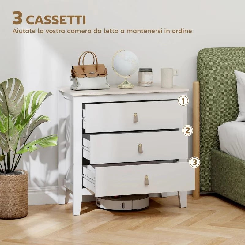 CASSETTIERA PER CAMERA DA LETTO A 3 CASSETTI CON MANIGLIE IN FINTA PELLE, 80X40X78.5 CM, BIANCO