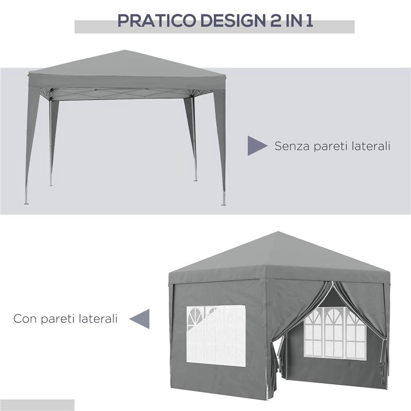 GAZEBO DA ESTERNO 3X3 M PIEGHEVOLE CON 4 PANNELLI LATERALI IN ACCIAIO E TESSUTO OXFORD GRIGIO CHIARO