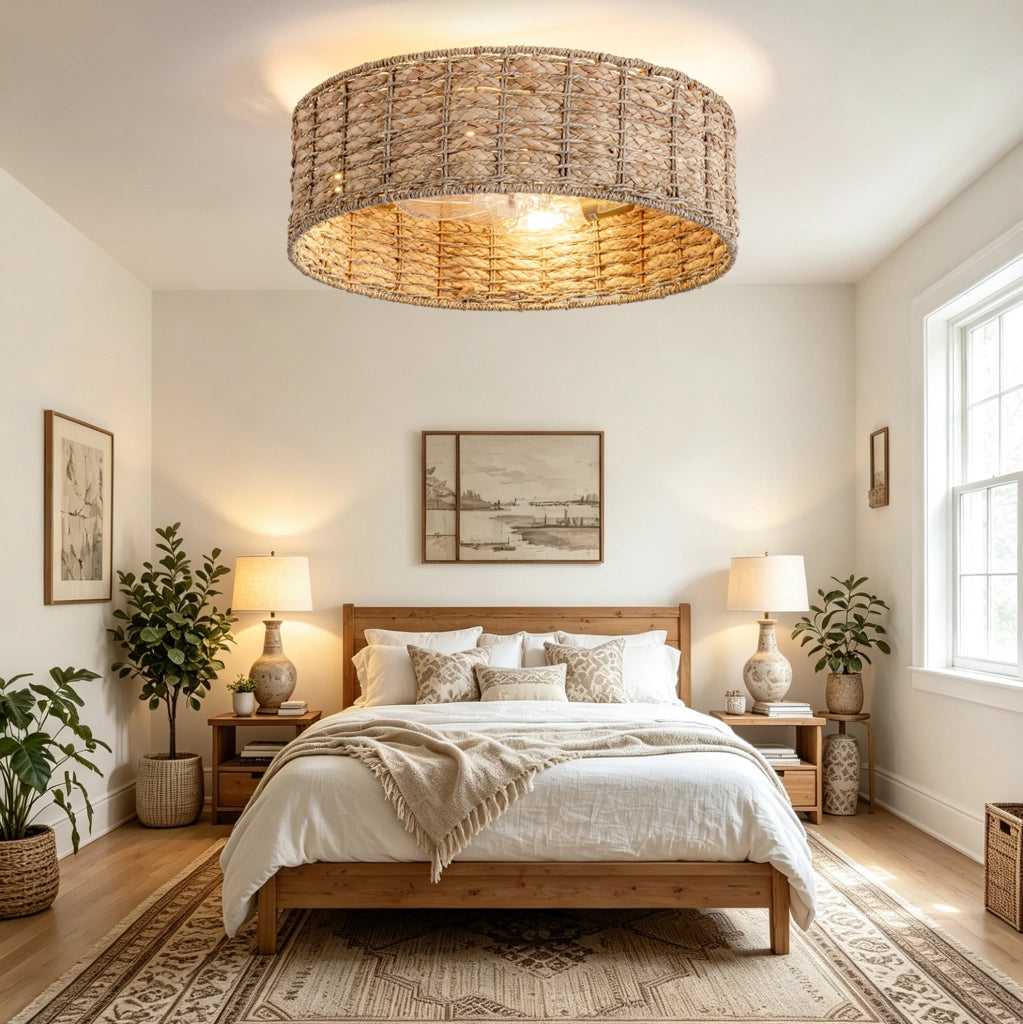 Ventilatore da soffitto con luce in rattan intrecciato; controllo App e telecomando; rame