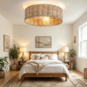 Ventilatore da soffitto con luce in rattan intrecciato; controllo App e telecomando; rame