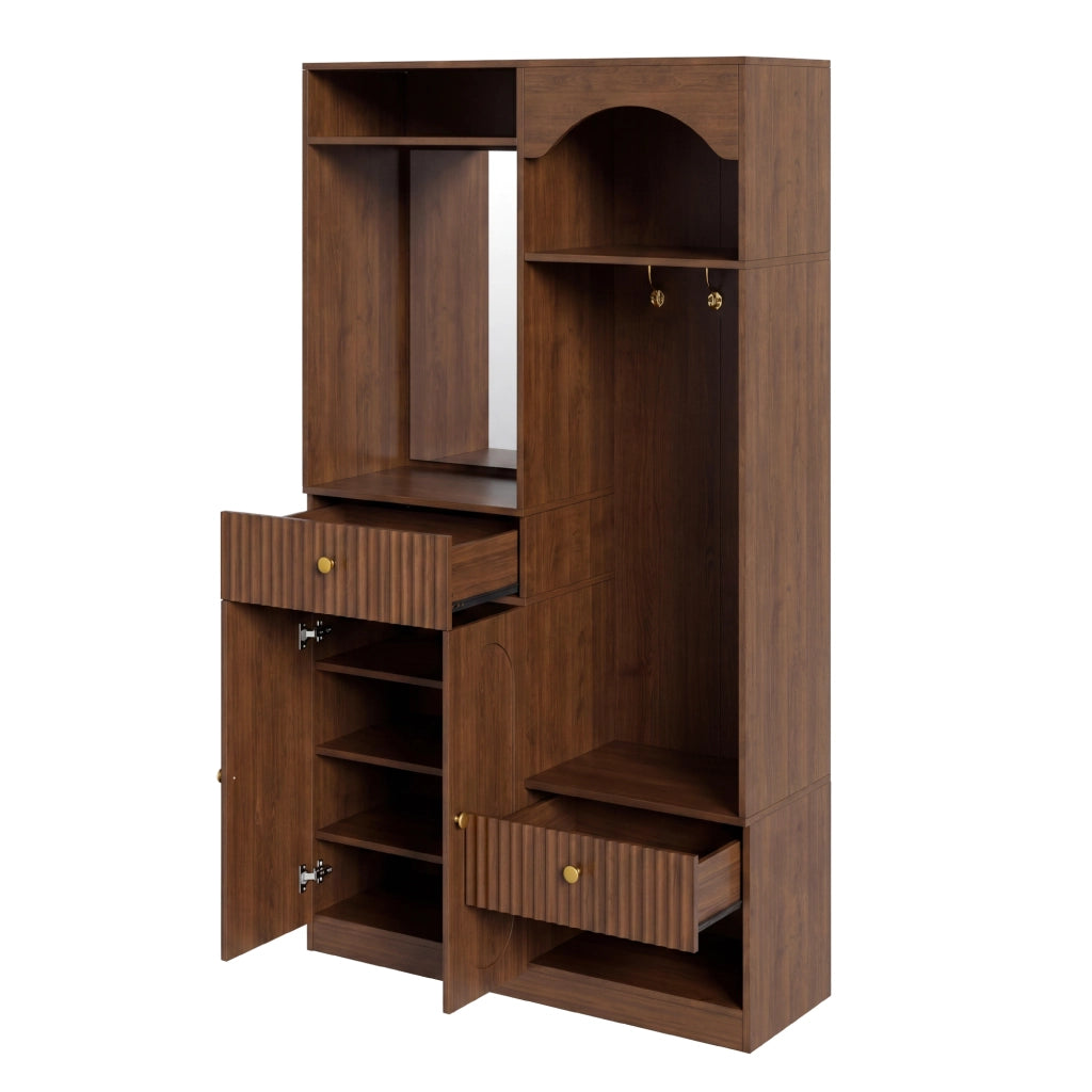 Mobile ingresso con specchio; panca e ganci; 2 cassetti; ripiani regolabili; LED; per ingresso; 100 Ã— 35 Ã— 180 cm
