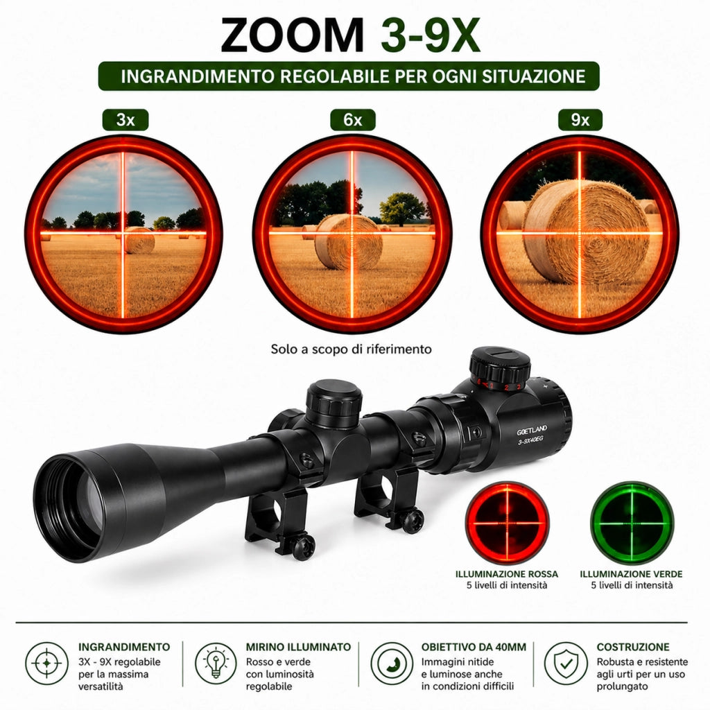 Mirino Ottico 3-9x40EG Reticolo Illuminato Zoom Variabile Attacco Weaver 22mm