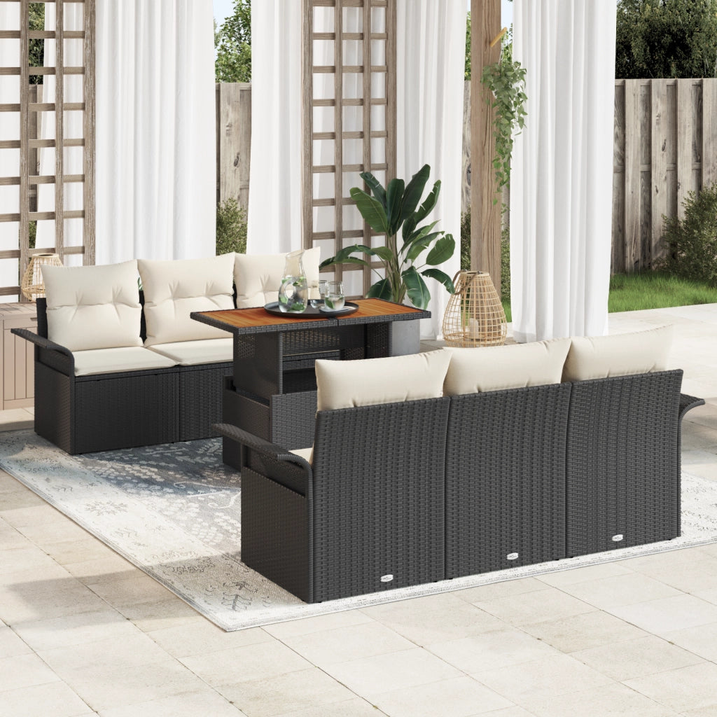 Set di divani da giardino 7 pezzi con cuscini in polyrattan nero