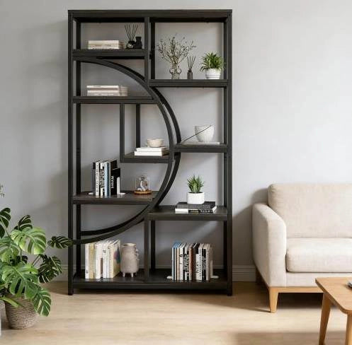 Libreria autoportante nera in metallo e legno, 9 ripiani aperti