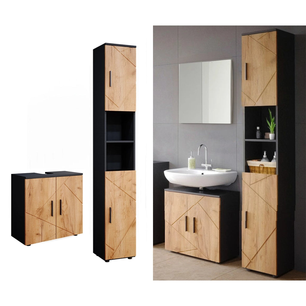 Set di mobili da bagno Irma Rovere dorato/Antracite 2 parti, con colonna Vicco