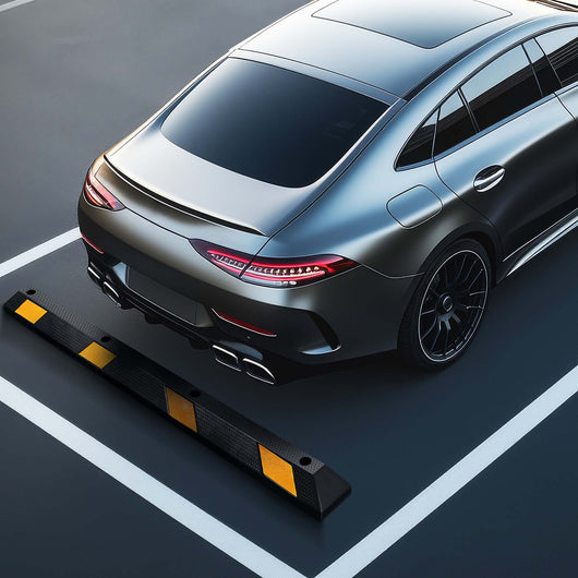 Delimitatore di parcheggio, battiruota in gomma 1830x150x100mm con fasce rifrangenti, Fermaruota