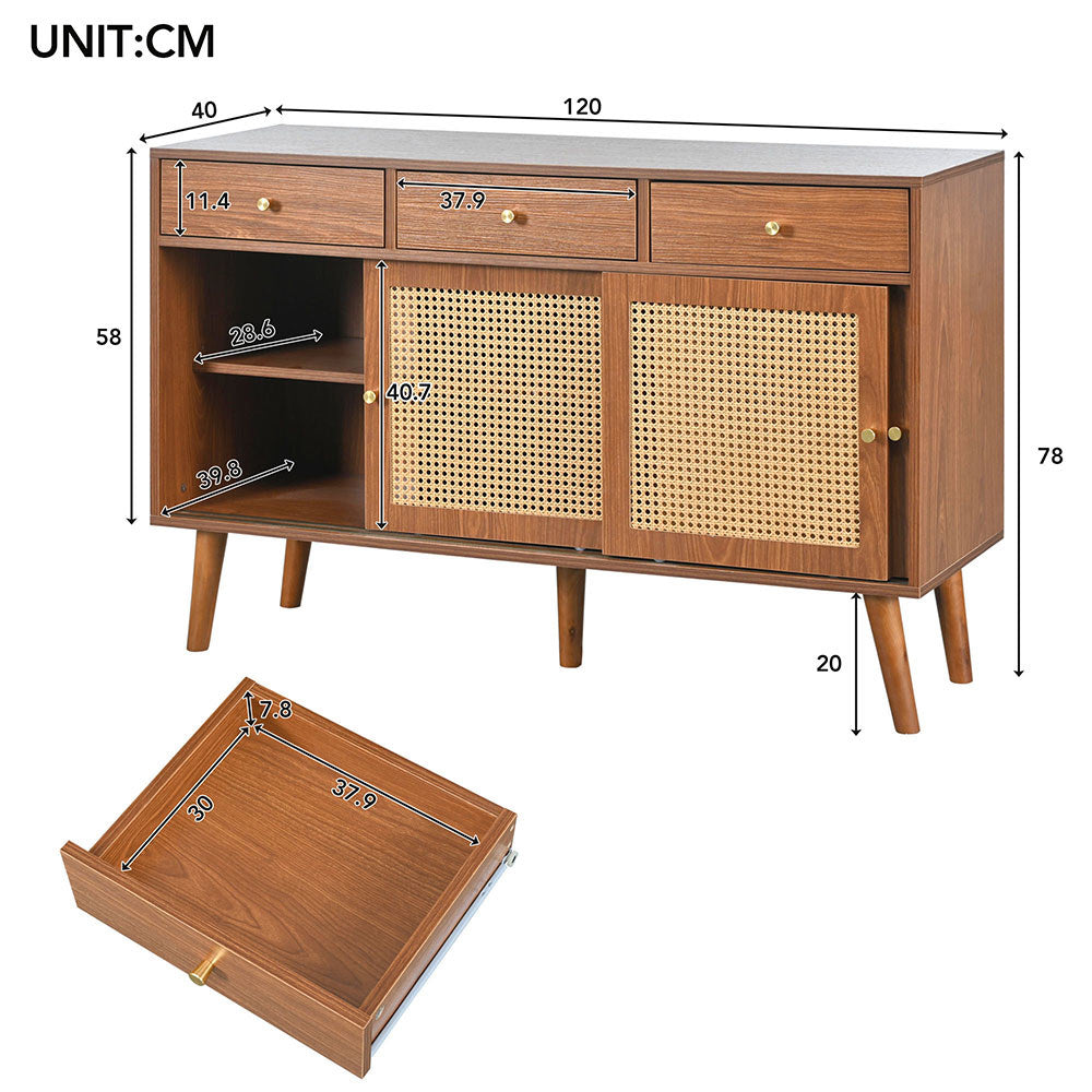 Buffet commode con facciate in rattano - Xylo - Marrone - Maniglia in metallo dorato ripiani regolabili