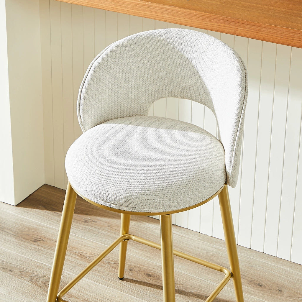 Sgabello da bar con schienale traforato e poggiapiedi per cucina e banco in tessuto Chenille Beige