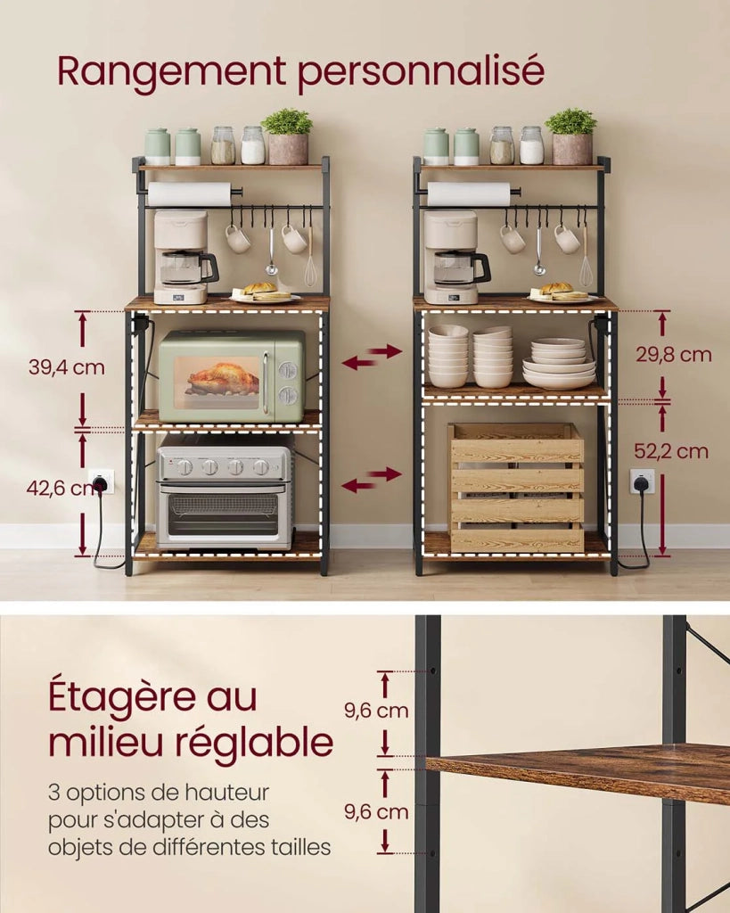 Mensola da cucina con multipresa bancone da caffè a 4 ripiani con ripiano regolabile supporto per microonde portarotolo di carta 40 x 60 x 140 cm marrone 12_0005659