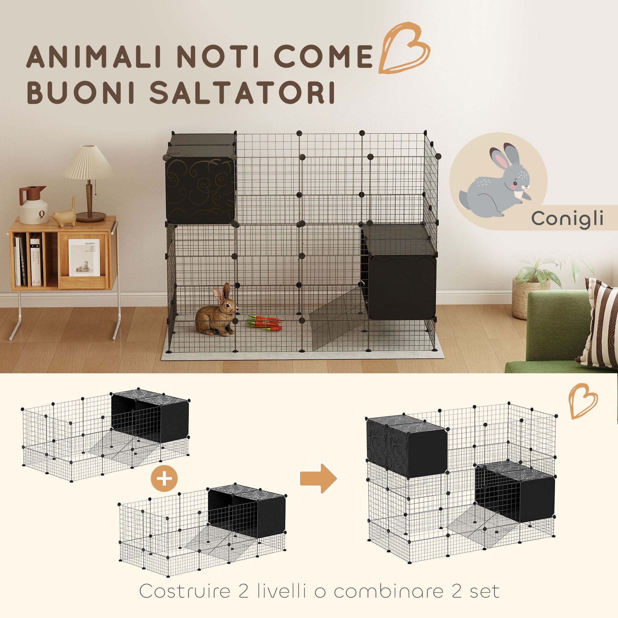 Gabbia Recinto per Piccoli Roditori Modulabile con Cassette Rialzate Nero