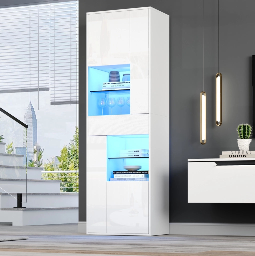 Vetrina alta LED bianca 55x38x170 cm con cassetto