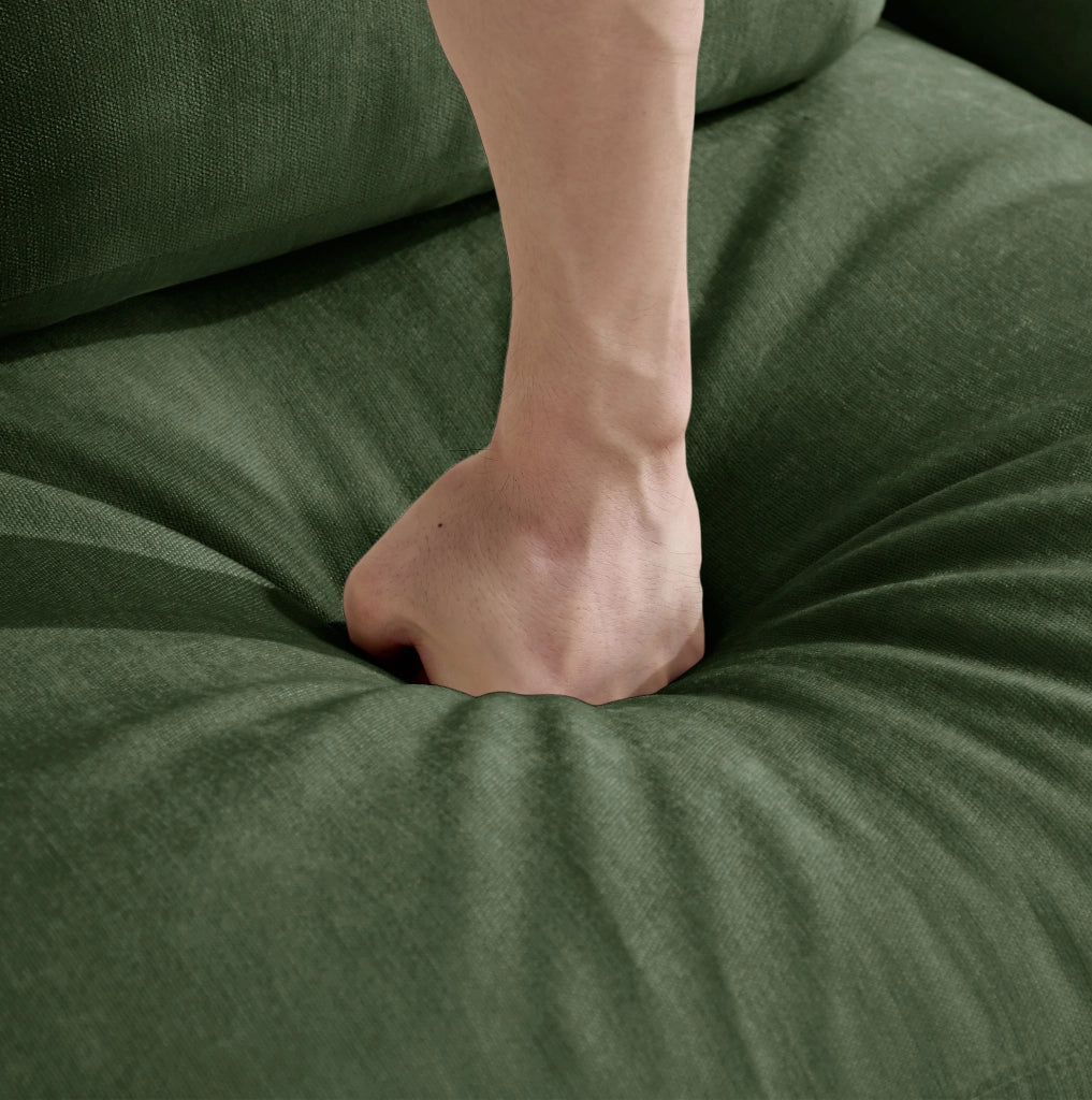 Divano modulare in ciniglia verde con pouf separato e cuscini lombari e bracciolo