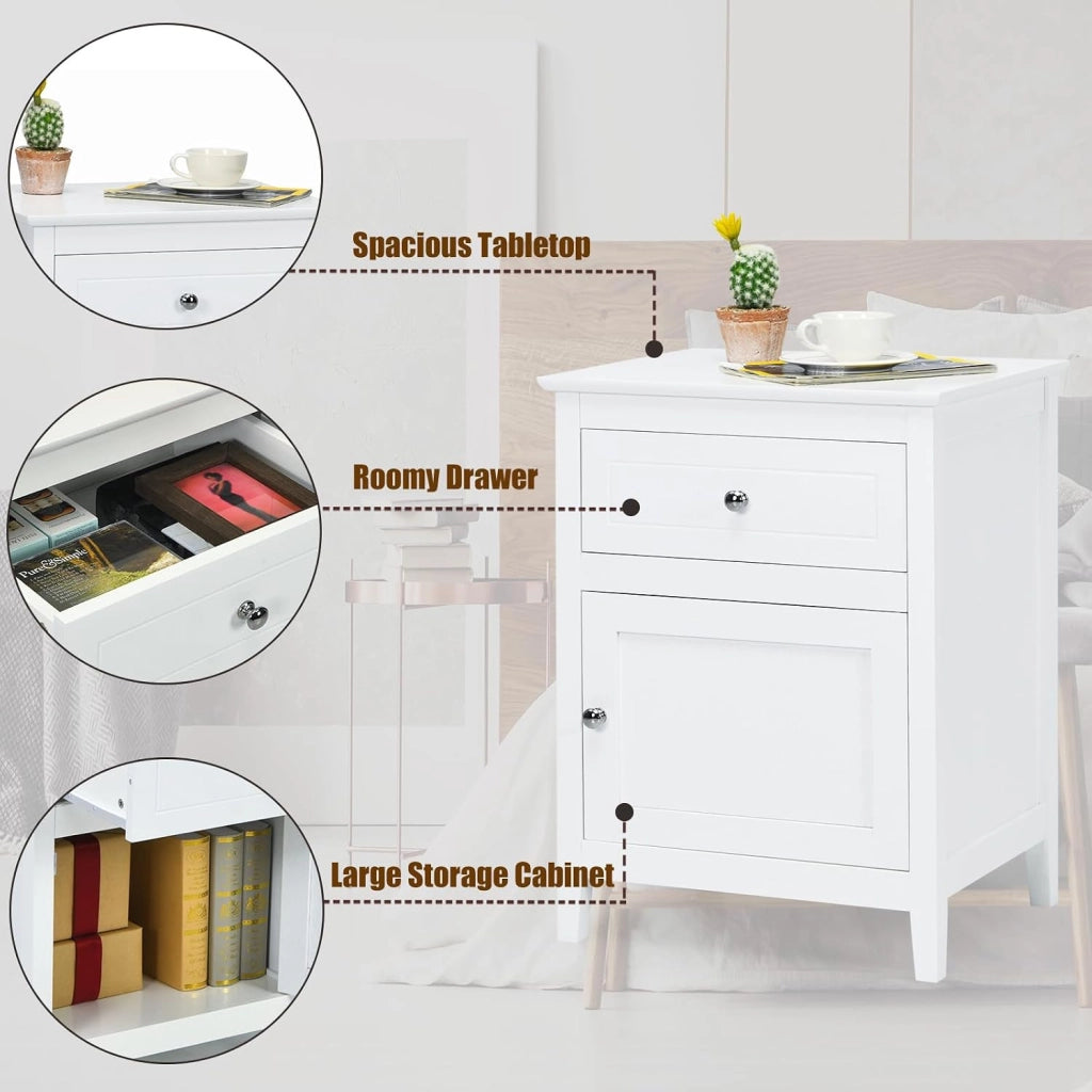 Set di 2 Comodini in legno, Tavolino (2 x Bianco 1 Anta 1 Cassetto)
