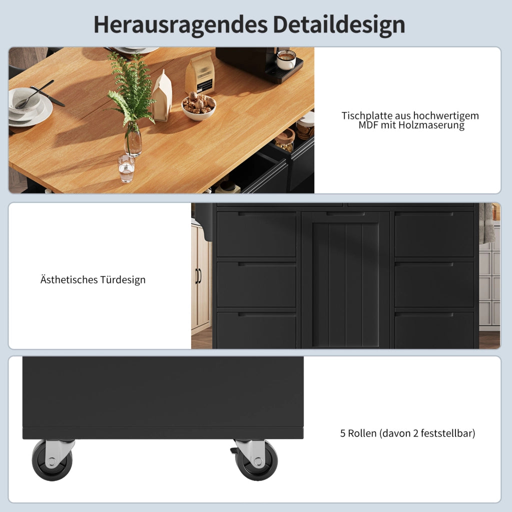Isola cucina mobile in MDF nero con piano pieghevole e 8 cassetti