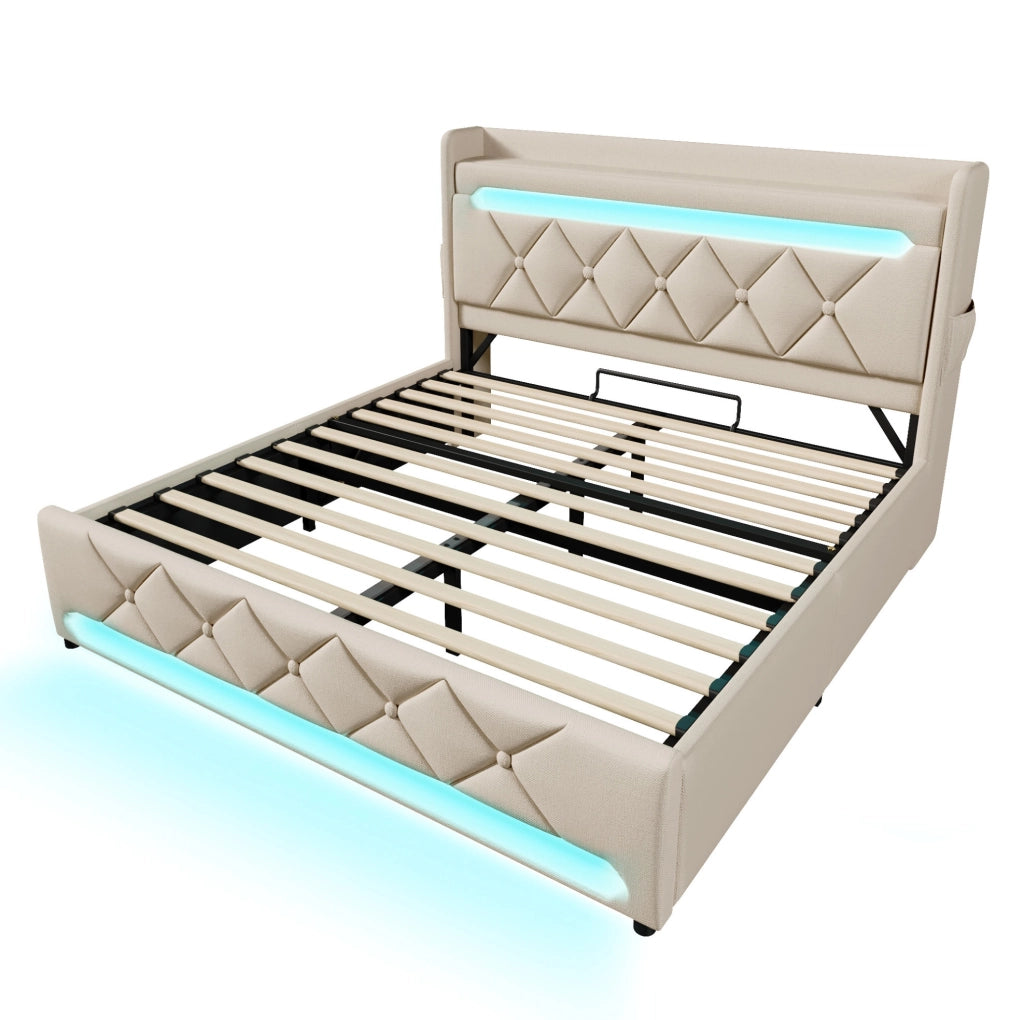 Letto matrimoniale 160x200 cm in lino beige con contenitore idraulico; LED 360掳; USB e Type-C