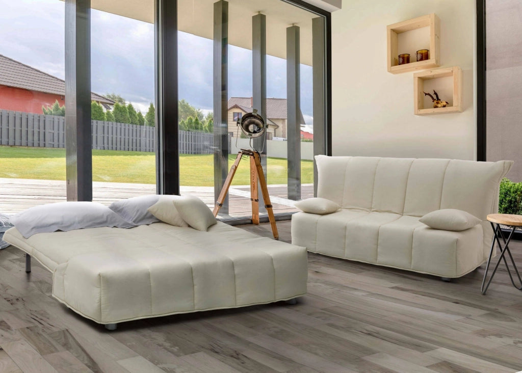 Divano Letto Antal, Divano a 3 posti, Made in Italy, SofÒ  Soggiorno con apertura a carrello con apertura a carrello, in tessuto imbottito, con cuscini inclusi, cm 165x90h85, colore Beige