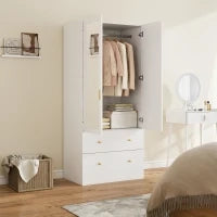 Armadio con specchio, 2 ante, 2 cassetti e asta appendiabiti, 80 x 50 x 180 cm, bianco