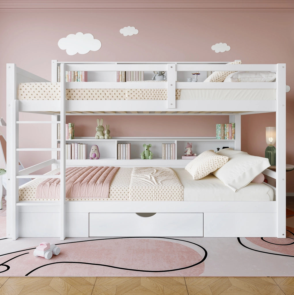 Letto a castello 90x200 cm con cassetto e vani contenitivi bianco