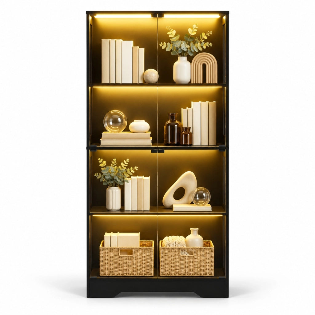 Vetrina in vetro 80 x 35 x 165 cm nera con LED, sensore, 4 ripiani