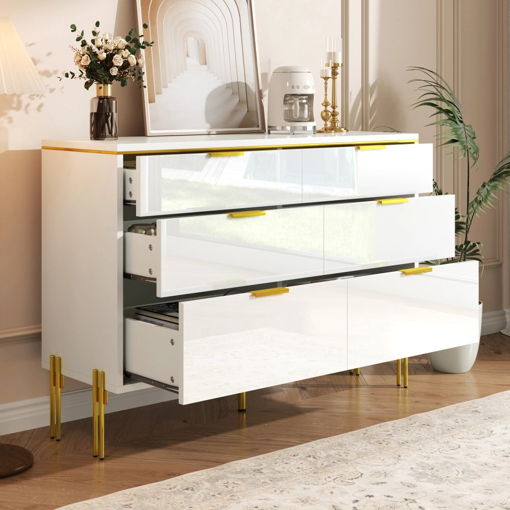 Credenza con 6 Cassetti e Maniglie Dorate; Frontali Lucidi; Stile Moderno; in Pannello Truciolare; Bianco; 120??40??85;5 cm