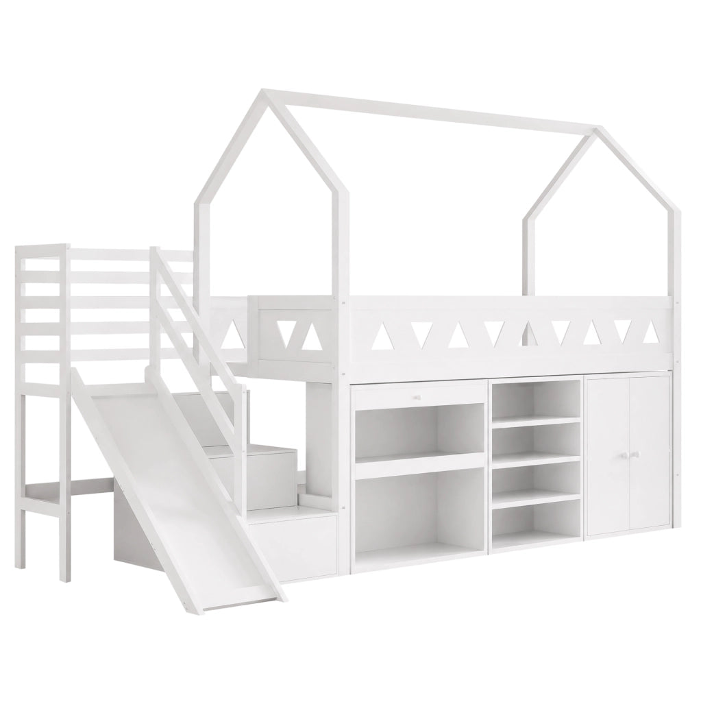 Letto per bambini 90x200 cm con scivolo; scala; cassetti e contenitori; bianco