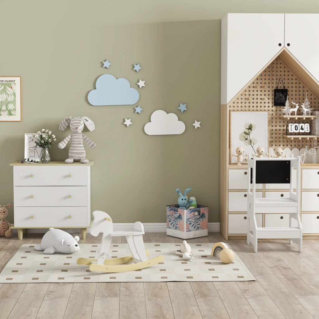 Scala Montessori 2 in 1 con Sgabello e Lavagna ¨C Xylo ¨C MDF Bianco per Bambini 3-6 Anni