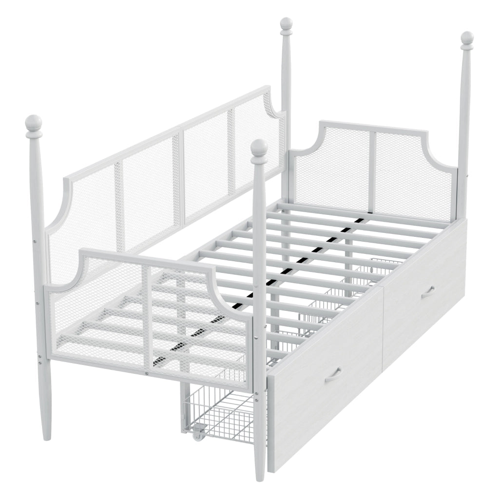 Letto singolo 90×200 cm con cassetti; testiera e braccioli vintage; senza materasso; metallo; bianco