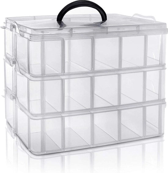 Scatola di Stoccaggio Trasparente a Stacking con Compartimenti Flessibili per Massimo 30 Compartimenti 

Scatola di Stoccaggio per Giochi, Accessori e Collane con Sistema di Ordinamento
