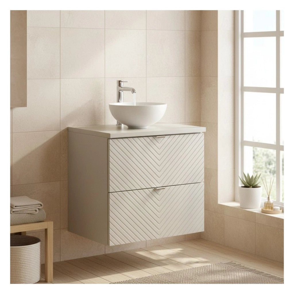 Insieme AOKI: mobile sotto lavabo con cassetti 60cm + piano lavabo beige + lavabo rotondo bianco da appoggio