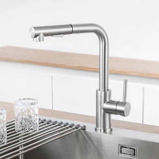 Cranio da cucina a pressione alta, 360° girante, estensibile, da cucina con doccia, due tipi di getto d'acqua, finitura a borchie.