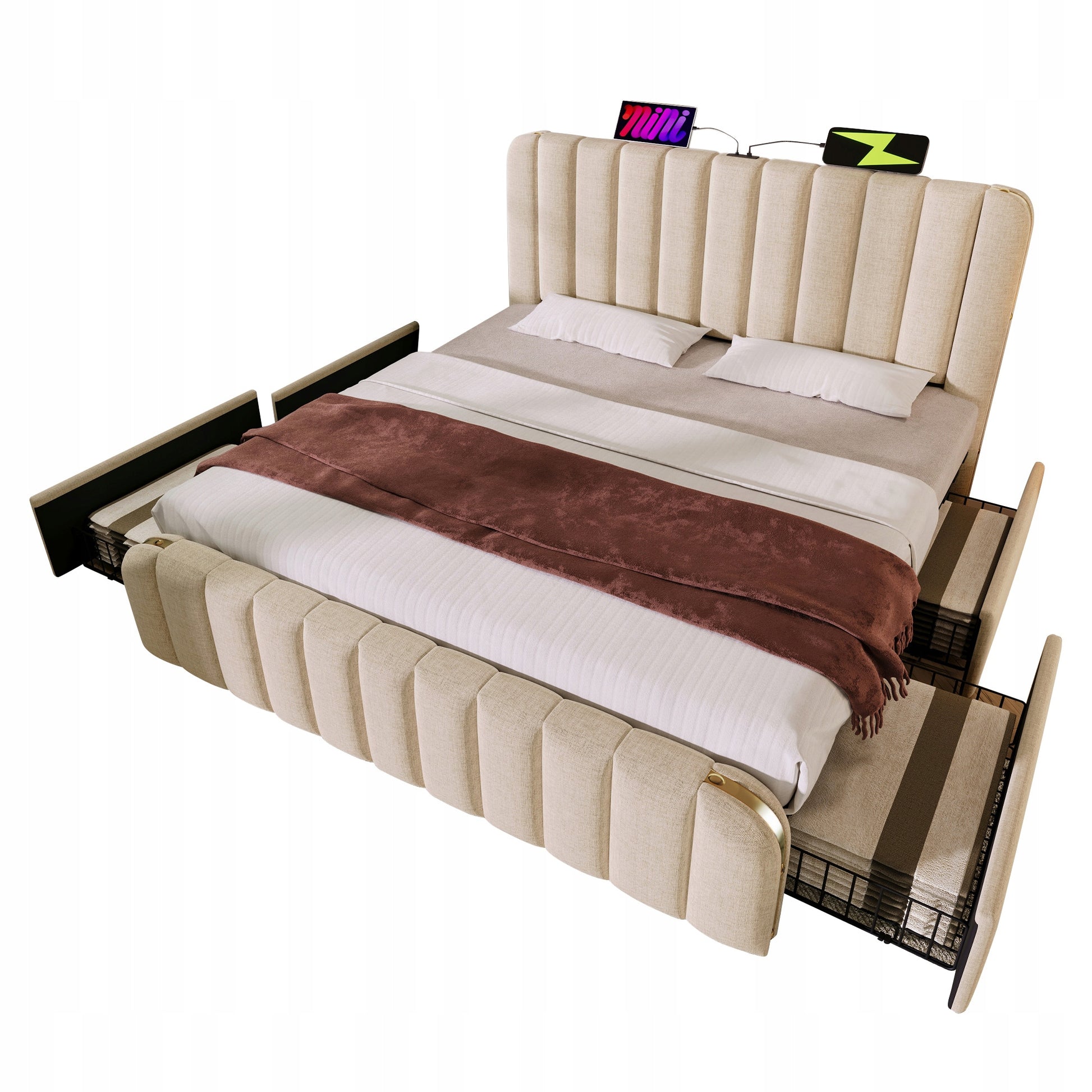 Letto imbottito 180x200 - Xylo - 4 cassetti, USB-C, con materasso