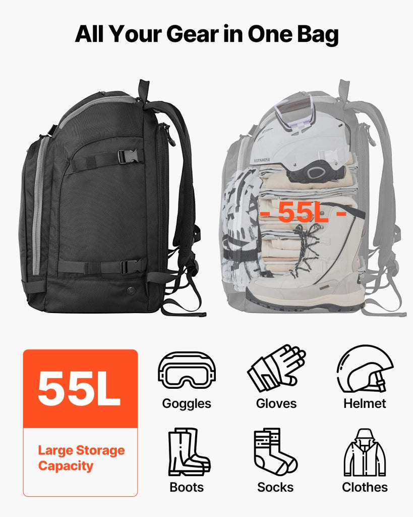 Zaino per Scarponi da Sci e Snowboard 55L, Borsa Impermeabile in Tessuto Oxford 1680D per Casco e Attrezzatura, Modello ZL-YDB-0114, Nero