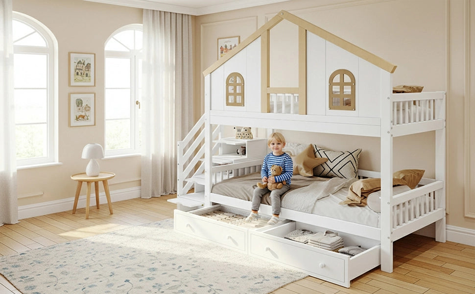DESMIU Letto a castello bambino 90 × 200 cm con finestre, scala contenitore, 2 cassetti, senza materasso