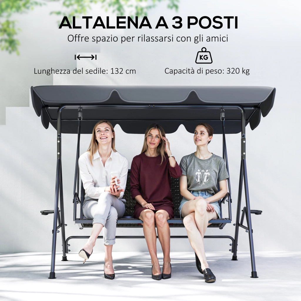 Dondolo da Giardino 3 Posti in Rattan PE e Acciaio ¨C zephmum ¨C Grigio 204x112x150 cm