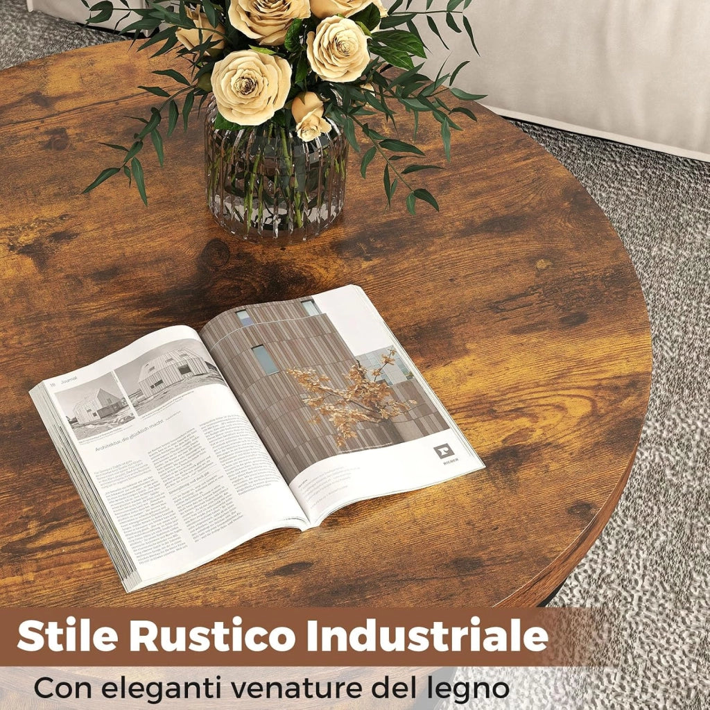 Tavolino da Caffè Rotondo a 2 Ripiani, Tavolo da Salotto in Legno con Struttura in Metallo, Tavolino Soggiorno Industriale con Piedini Regolabili, 80 x 80 x 45 cm (Marrone scuro)