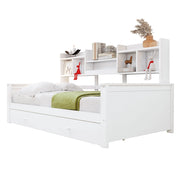 Letto singolo 90x200 cm con cassetti; ripiani laterali e rete a doghe; bianco