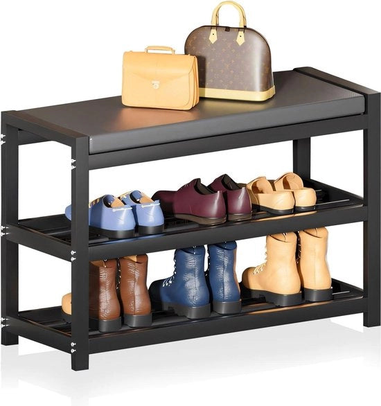 Banco con sedile imbottito - 3 livelli di ripiano per scarpe - 65 x 25 x 41,5 cm - Acciaio di carbonio - Carico 150 kg - Entrata corridoio bagno soggiorno