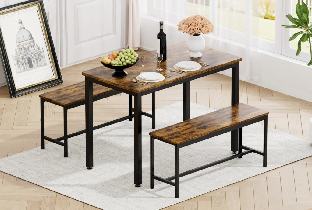 Set tavolo da pranzo con 2 panche 110x60 cm rustico nero