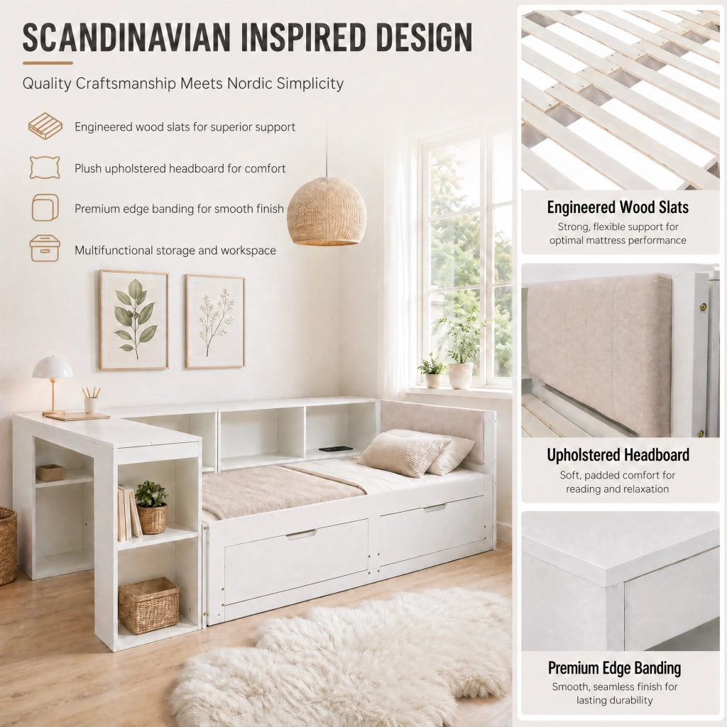 Letto allungabile con scrivania e cassetti in legno ingegnerizzato 90x200 cm